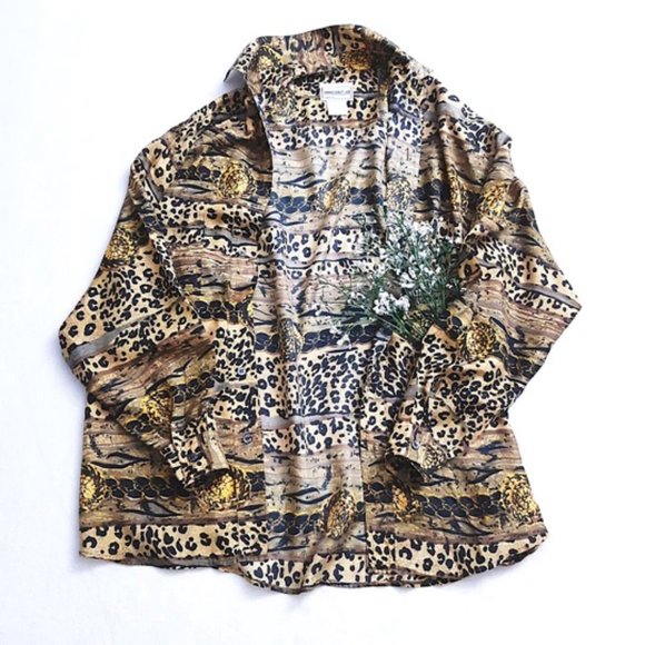 GIOVANNI 100% Silk Blouse Brown Black Leopard Print Oversized Collar L-Sleeve - Picture 6 of 13